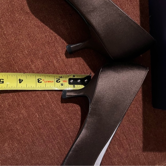 Stuart Weizman brown/chocolate satin 2”heel open toe slip ons, size 7.5 Narrow. - Picture 3 of 4